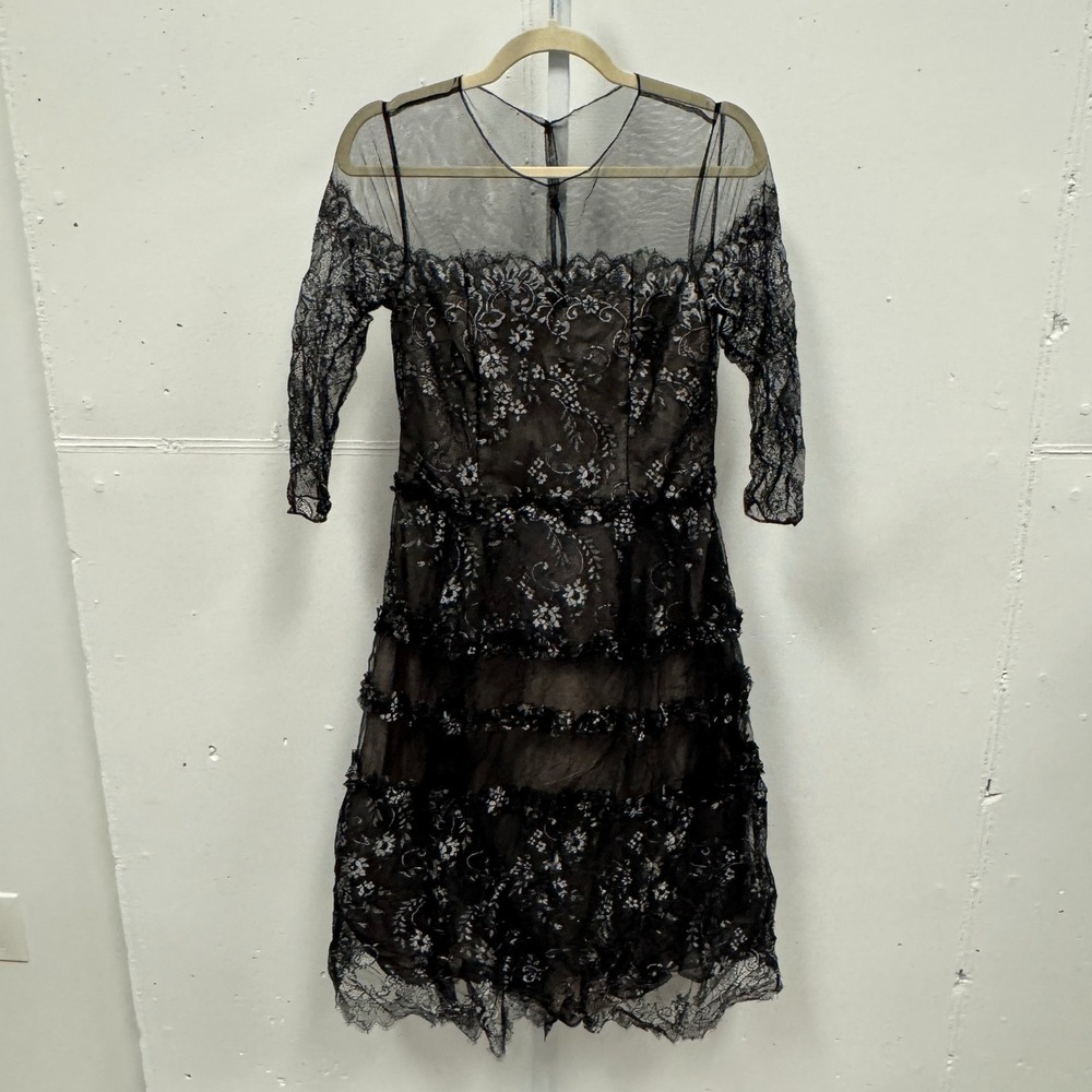 Teri Jon Rickie Freeman Silver Lace Tiered Cocktail Dress Sz 8 Sheer‎ Mesh Midi